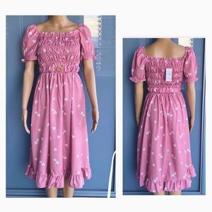 Champion Pink Smocked Midi Dress with Puff Sleeves
